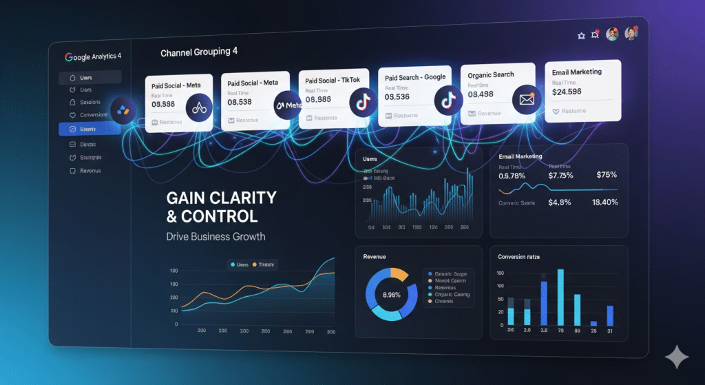An image of a digital marketing dashboard with a clean, professional, and slightly futuristic aesthetic. The dashboard shows various charts and data points related to Google Analytics 4. The main section displays "Channel Grouping 4," with cards for "Paid Social - Meta," "Paid Social - TikTok," "Paid Search - Google," "Organic Search," and "Email Marketing." Each card has real-time user, session, conversion, and revenue metrics. The background has glowing lines and icons representing data flow between different marketing platforms. In the foreground, a large text overlay reads "GAIN CLARITY & CONTROL" with "Drive Business Growth" below it. The charts at the bottom include a line graph for user trends, a pie chart for revenue distribution, and a bar chart for conversion rates.