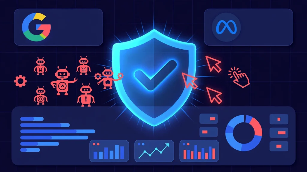 Click fraud protection concept: a shield blocking bot clicks on a Google Ads and Meta Ads dashboard