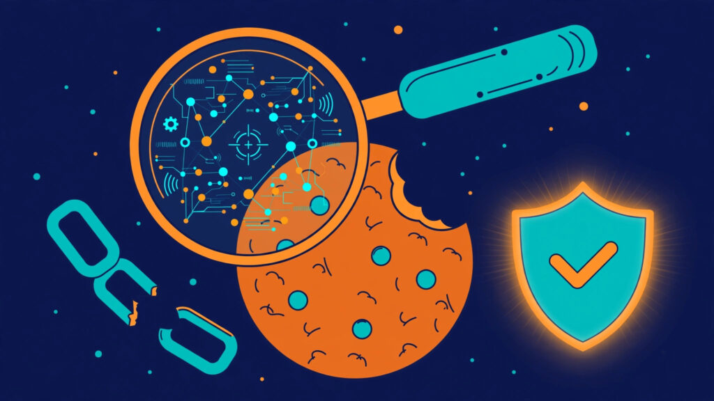 Illustration of a magnifying glass over a browser cookie revealing hidden tracking code, with a broken affiliate link chain and a protection shield — cookie stuffing in affiliate marketing.