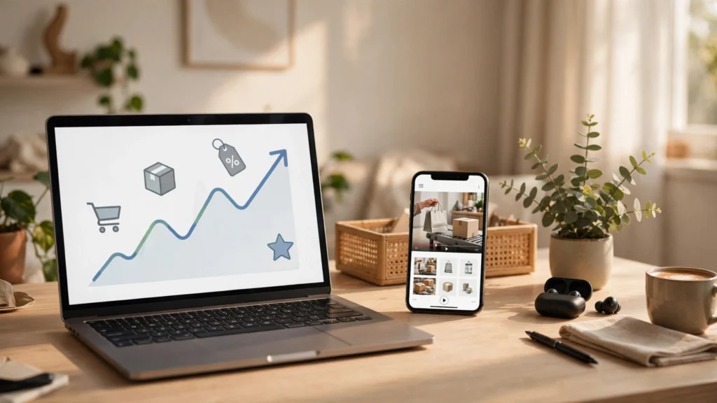 Laptop showing a rising affiliate earnings graph next to a smartphone playing a shopping video on a home office desk