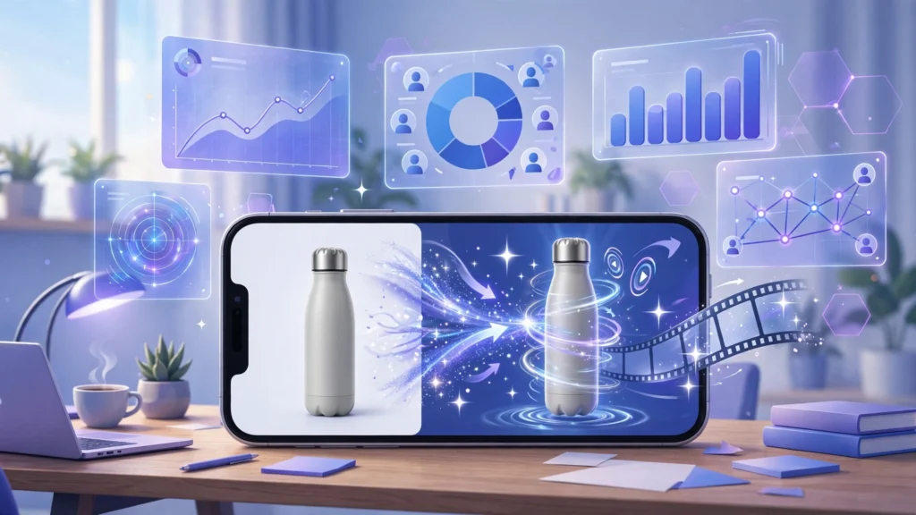 Meta Advantage+ AI ads dashboard turning a static product photo into a video ad