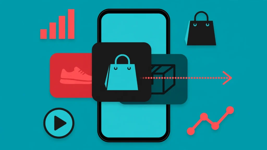 Illustration of a smartphone showing a swipeable TikTok carousel ad with product cards, a swipe arrow, and performance charts